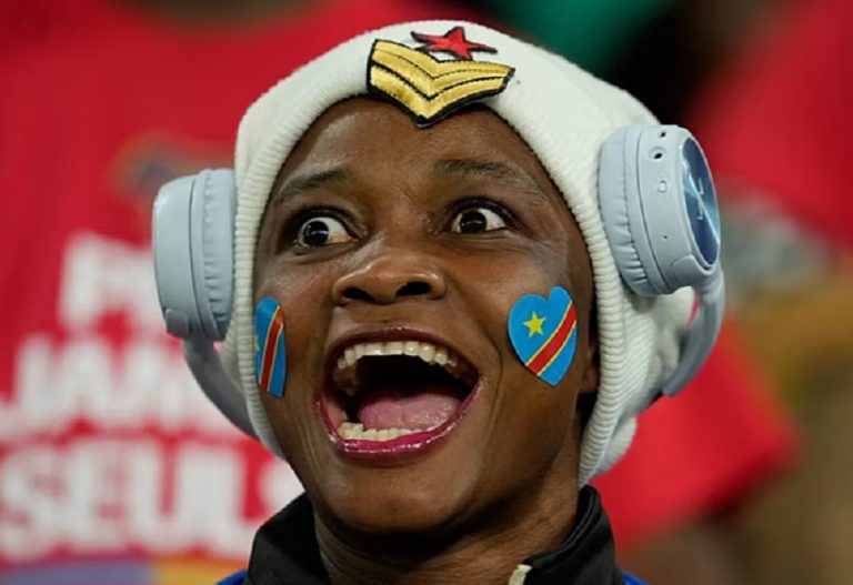 A DR Congo fan cheers prior to the Africa Cup of Nations group D soccer match between Botswana and DR Congo in Rabat, Morocco,