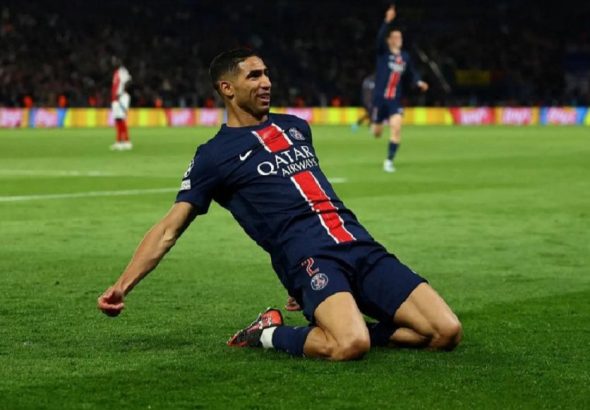 Football - Champions League - Semi Final - Second Leg - Paris St Germain v Arsenal - Parc des Princes, Paris, France - May 7, 2025 Paris St Germain's Achraf Hakimi celebrates scoring their second goal. (Reuters)