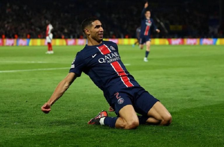 Football - Champions League - Semi Final - Second Leg - Paris St Germain v Arsenal - Parc des Princes, Paris, France - May 7, 2025 Paris St Germain's Achraf Hakimi celebrates scoring their second goal. (Reuters)