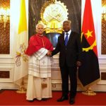 Pope Leo XIV shakes hands with Angola's President Joao Lourenco, during their meeting at the Presidential Palace in Luanda, Angola, on April 18, 2026. Credit: OSV News photo/Andrew Medichini, pool via Reuters