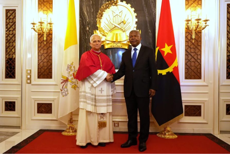 Pope Leo XIV shakes hands with Angola's President Joao Lourenco, during their meeting at the Presidential Palace in Luanda, Angola, on April 18, 2026. Credit: OSV News photo/Andrew Medichini, pool via Reuters